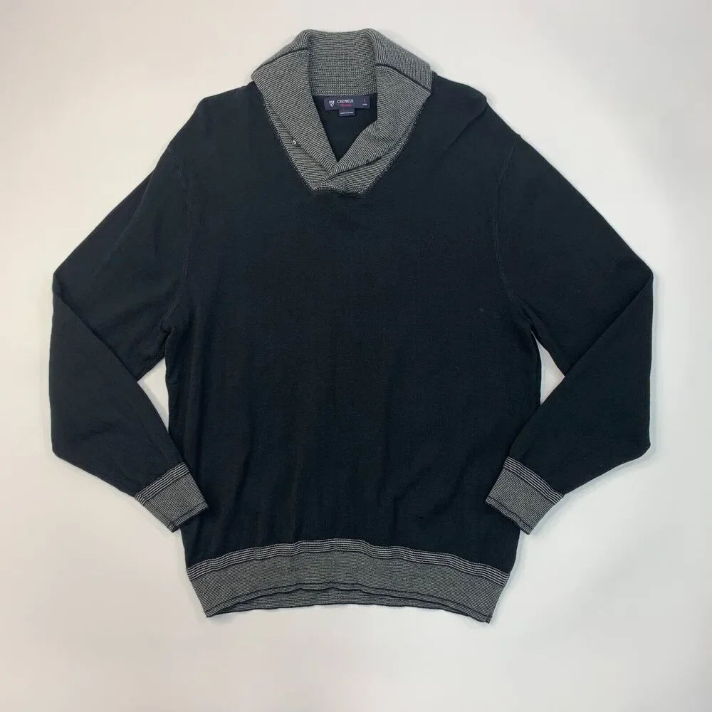 Cremieux Sweater Mens L Large Black Shawl Neck Cotton Pullover Long Sleeve
